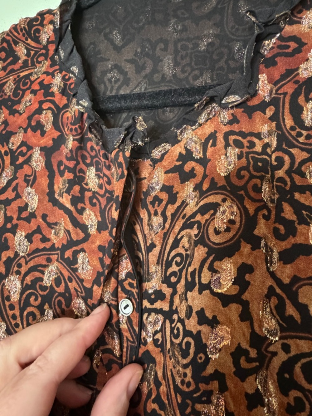 Kobi Halperin Metallic Gold Paisley Black with Brown Tones Ornate Blouse XL - Picture 7 of 12